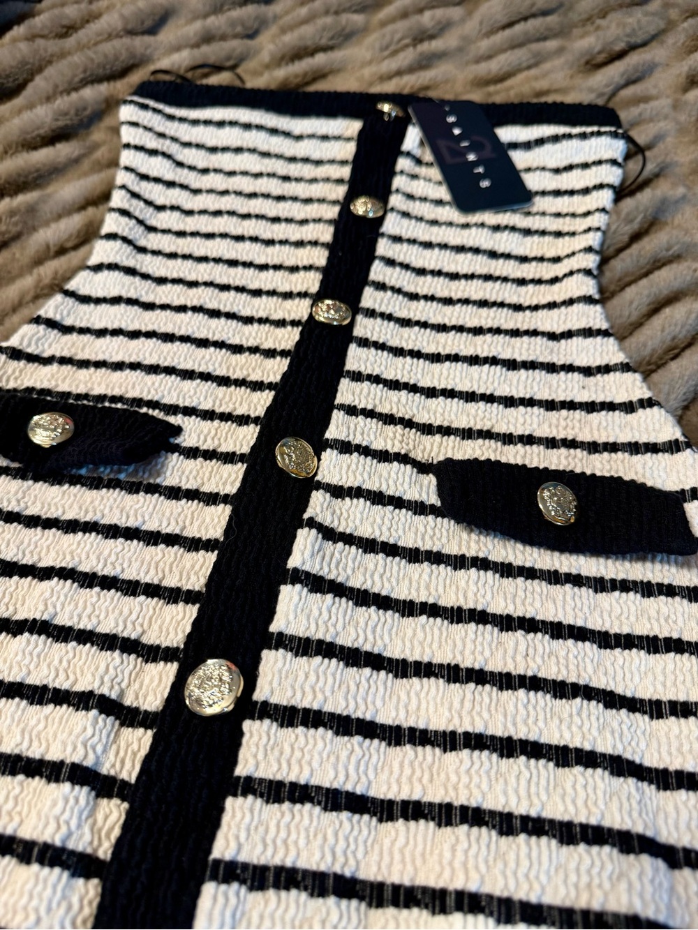 Striped Black & White Mini Dress with Gold Buttons - Picture 2 of 2
